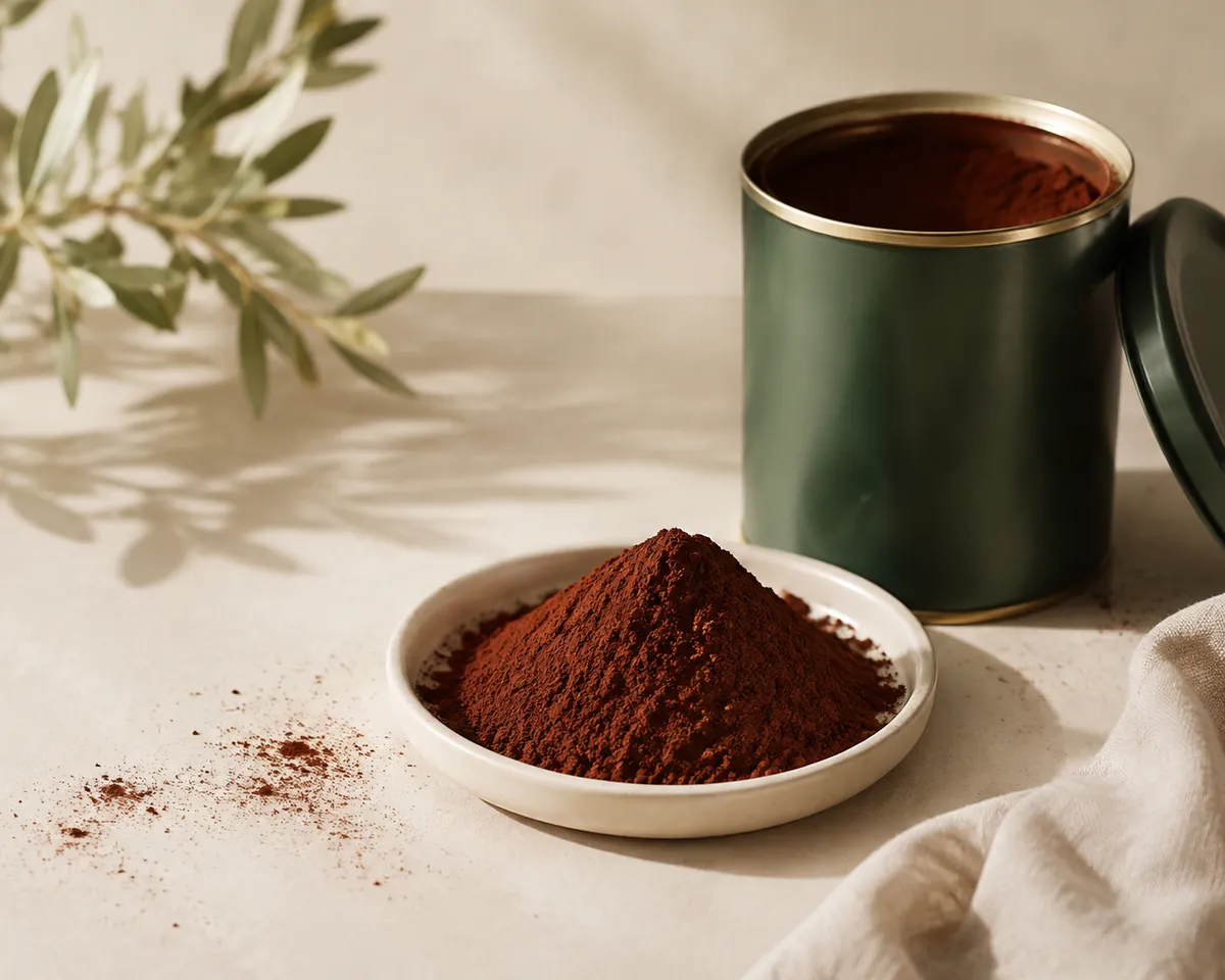 A small mound of dark cocoa powder in a shallow dish beside an open tin