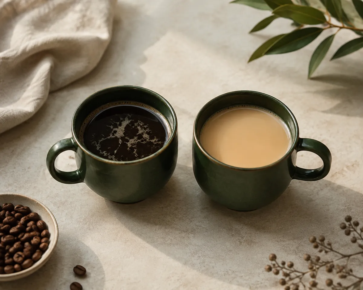 Two mugs of black coffee side by side, the left showing pale flecks curdled on the surface and the right an even smooth lightening