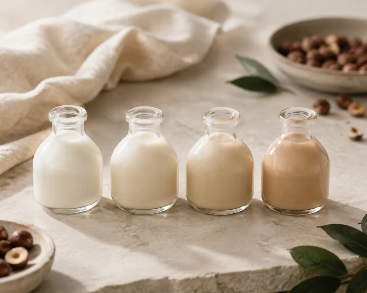 Four unlabelled creamer bottles in a row on pale stone, ranging from white through cream to pale caramel