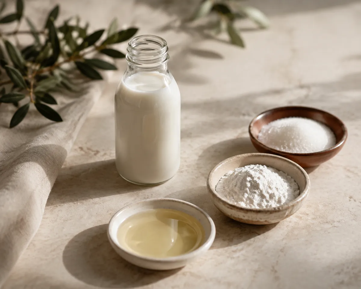 A small bottle of liquid creamer beside separate dishes of vegetable oil, white powder and fine sugar on pale stone