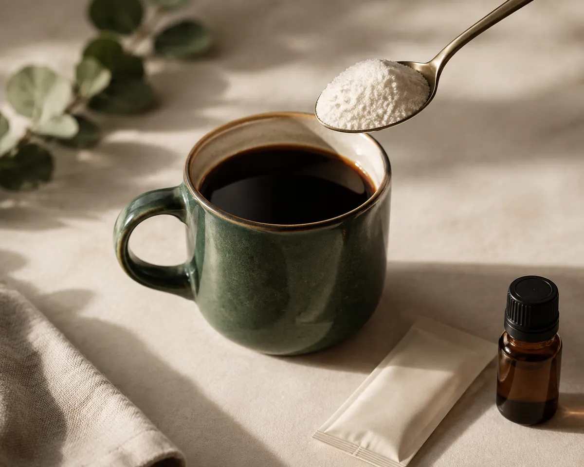 A spoon of white creamer powder held over a mug of black coffee, with a sealed sachet and a small liquid bottle beside it