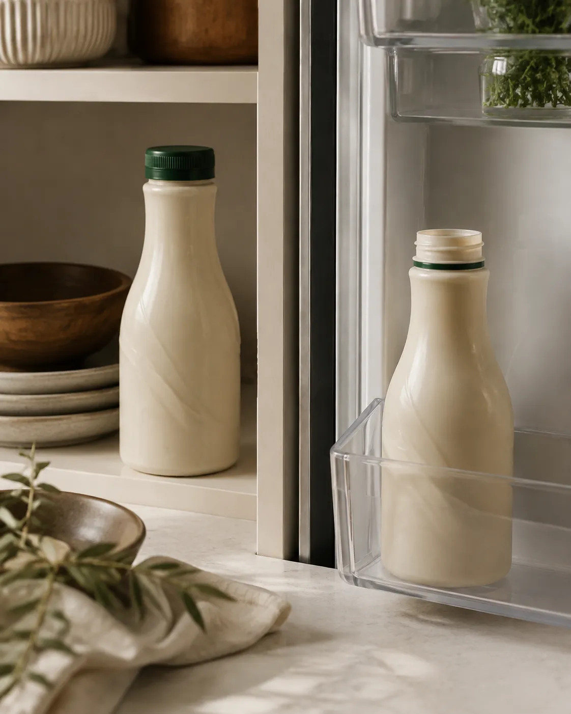 A sealed shelf-stable creamer bottle in a cupboard beside an opened one resting in a cold fridge door shelf