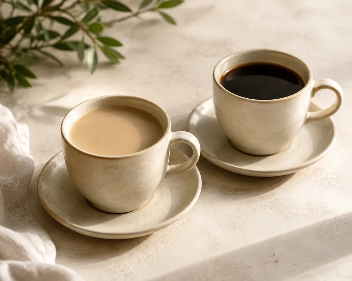A mug of pale coffee on a saucer beside an identical mug of black coffee, both on warm neutral stone