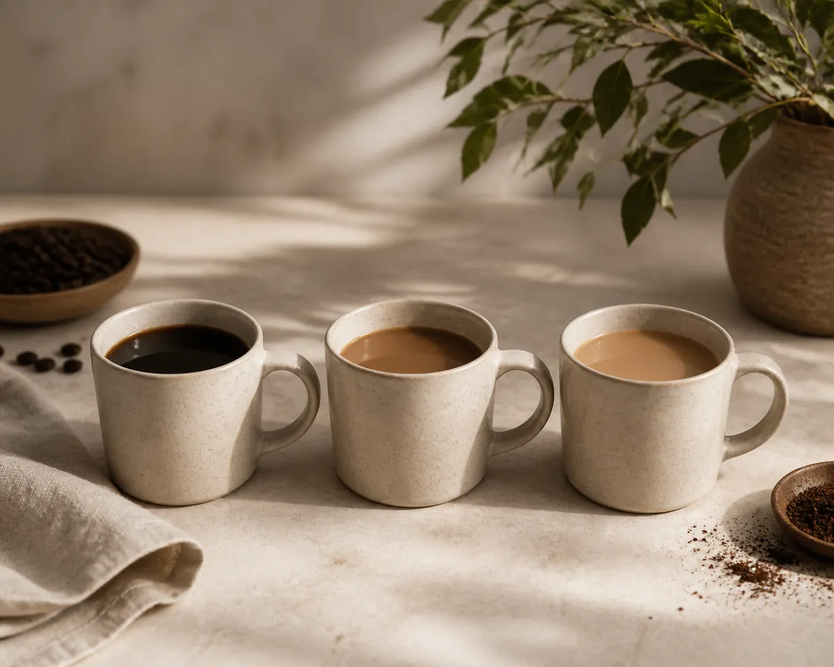 Three mugs of black coffee in a row, each lightened a step further, the palest showing a smooth even colour