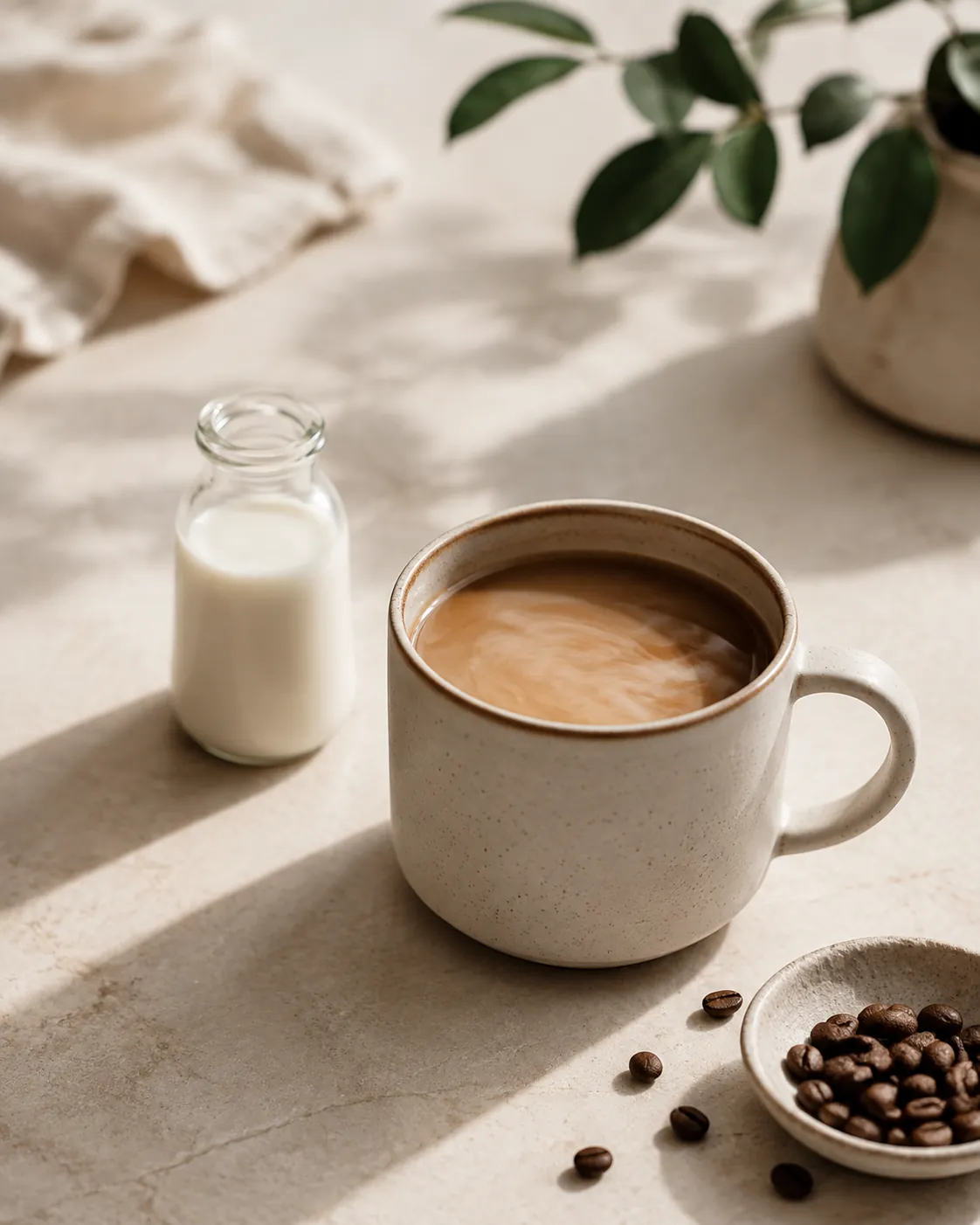 A small bottle of liquid coffee creamer beside dishes of oil, white powder and sugar on pale stone