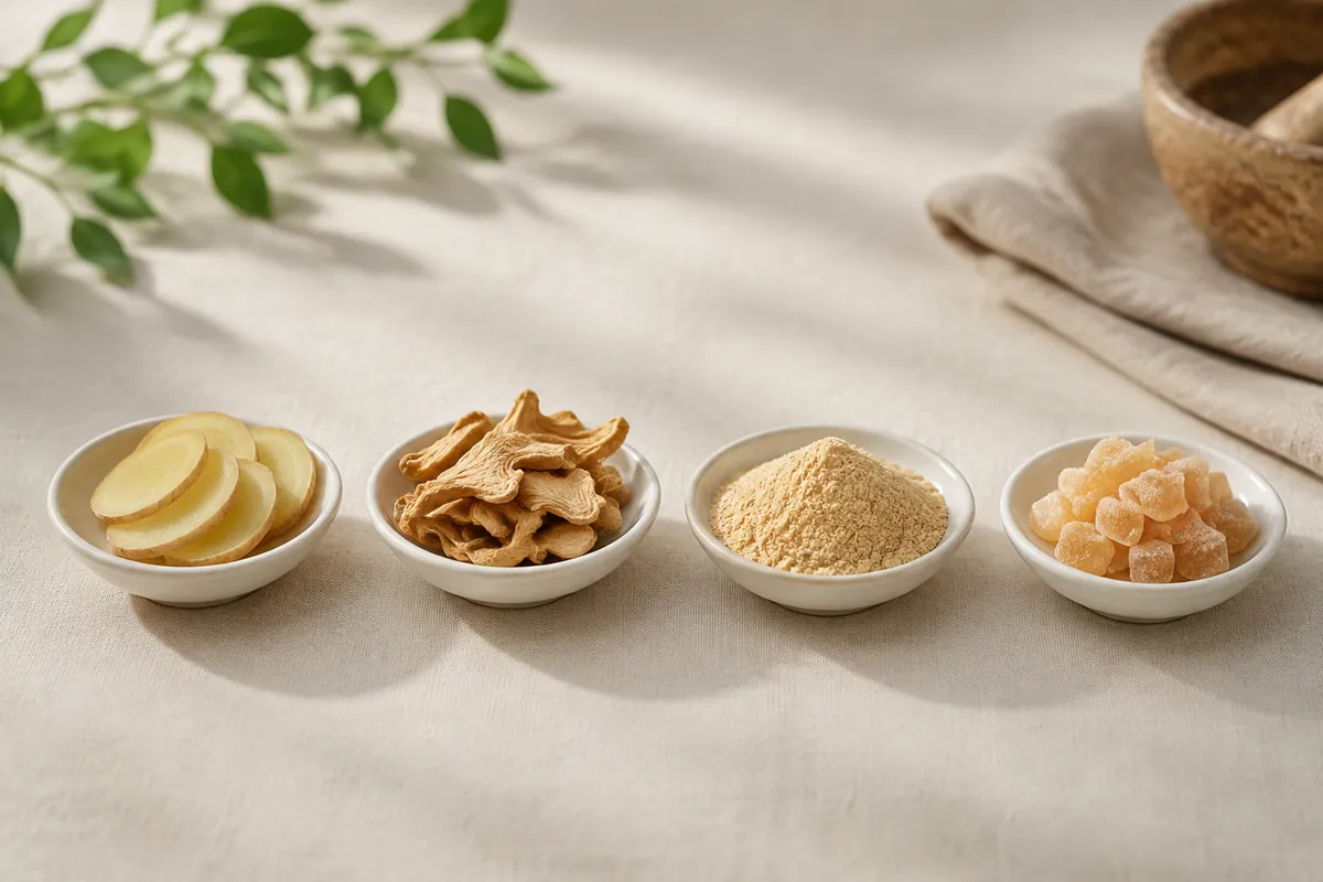 Four small white dishes in a row holding fresh ginger coins, dried slices, ground powder and crystallised cubes