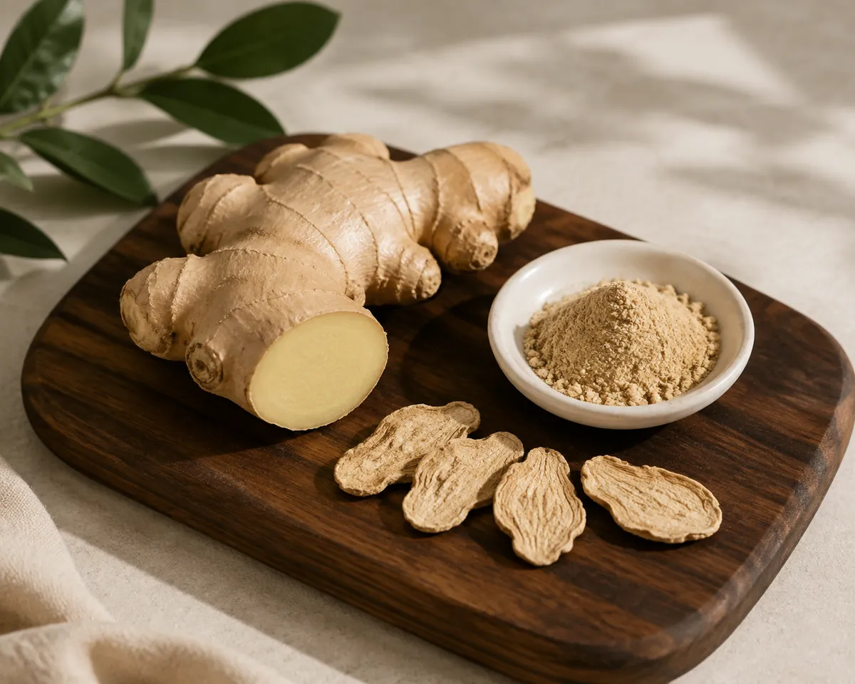 A whole knob of fresh ginger with a cut face beside a small dish of pale dried ginger powder and several dried ginger slices on a dark wooden board
