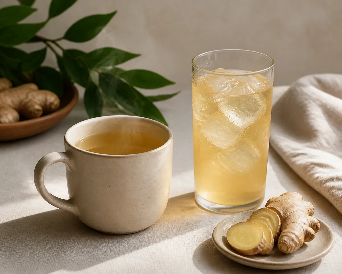 A steaming mug of pale ginger infusion beside a tall glass of the same infusion over ice