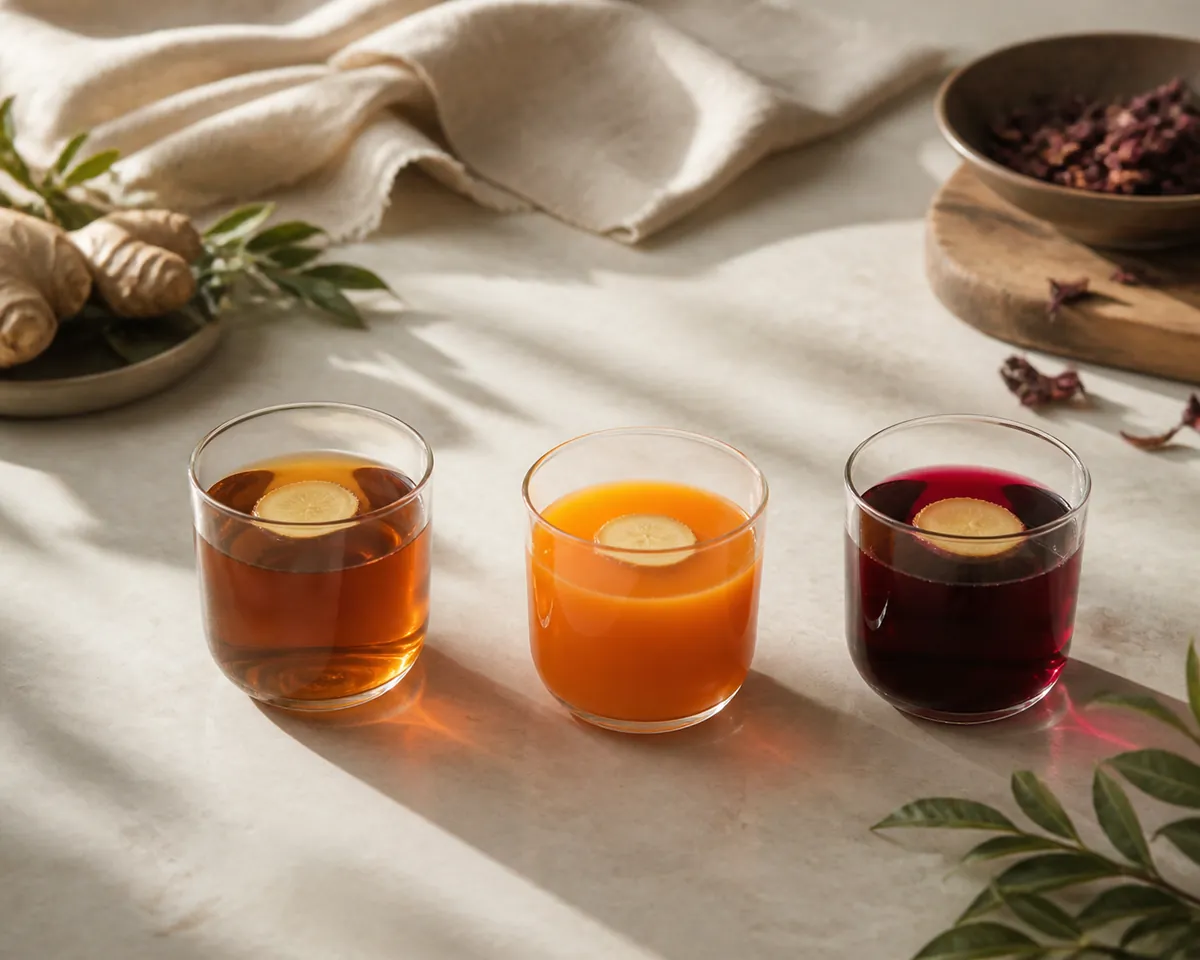 Three small glasses of amber tea, orange carrot juice and deep red hibiscus, each with a coin of fresh ginger floating in it