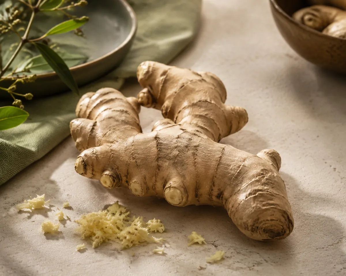 A whole fresh ginger rhizome with several branching fingers lying on a dark slate surface beside a grater and a small pile of grated pale ginger