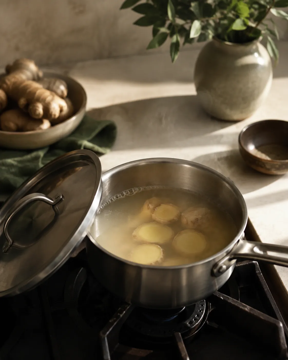 A small pan of pale ginger infusion simmering with crushed coins of rhizome in the water
