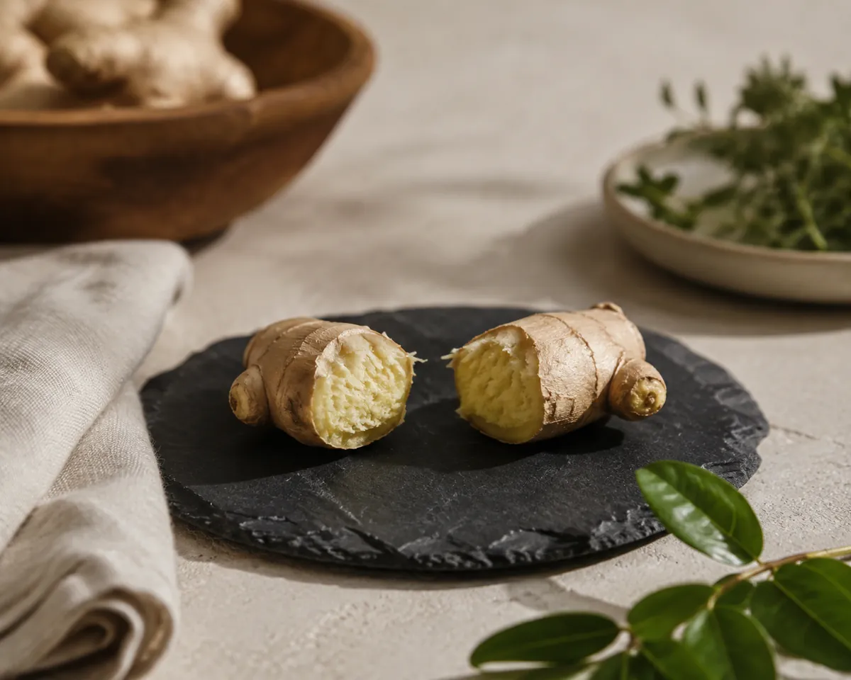 A piece of fresh ginger snapped in two on a dark board, the pale fibrous interior exposed