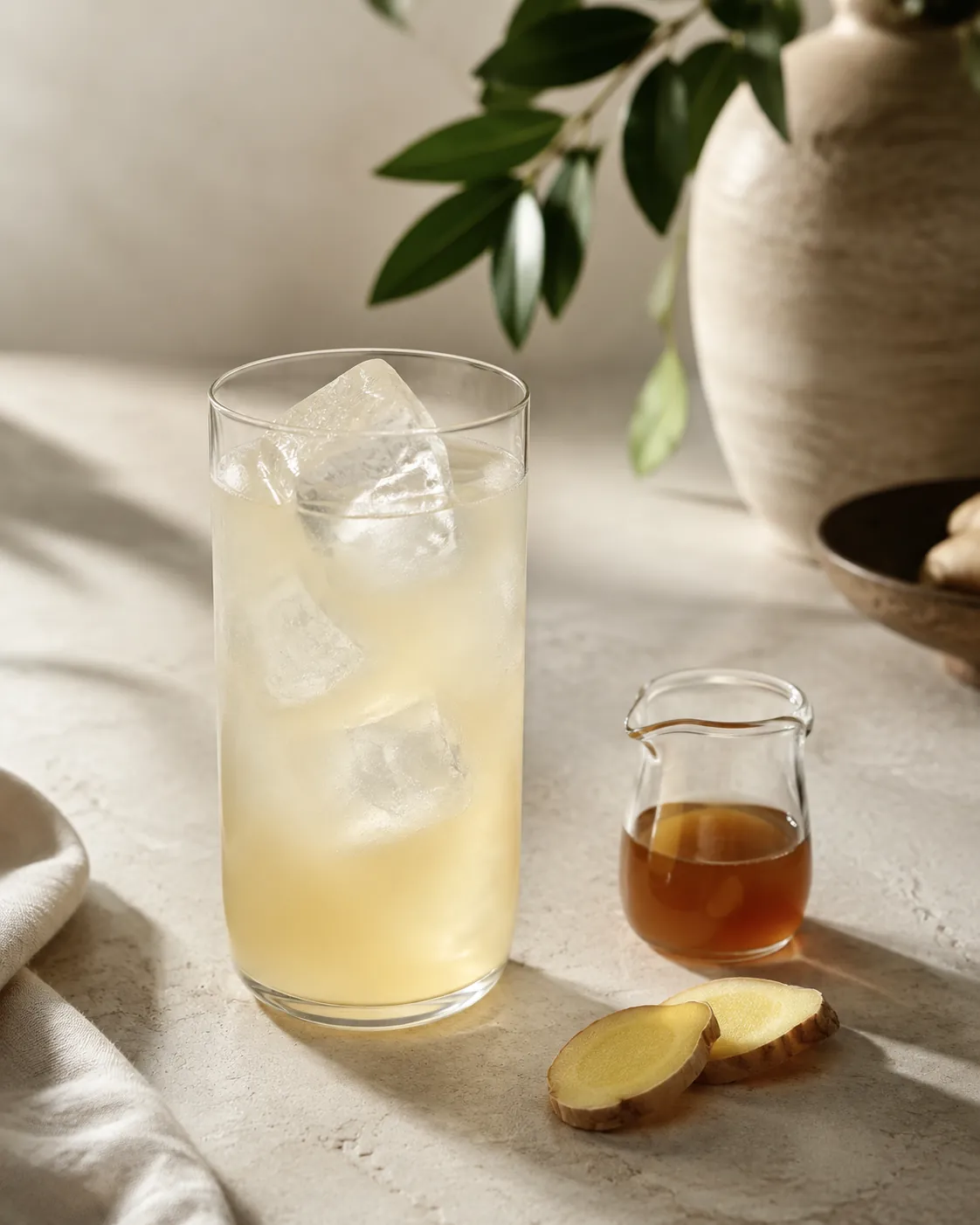A tall glass of pale cloudy ginger syrup drink over large ice cubes beside a small jug of amber syrup and two thin coins of fresh ginger on a pale stone surface