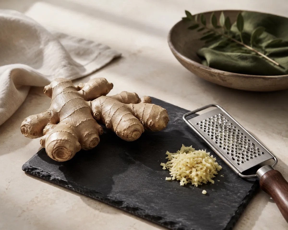 A whole fresh ginger rhizome with branching fingers on a dark slate surface beside a grater and a pile of grated ginger