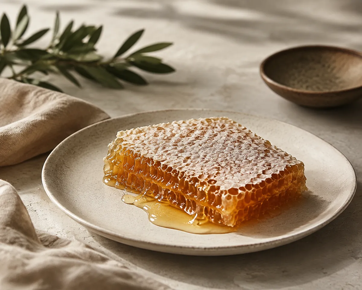 A cut section of capped honeycomb on a pale plate, the wax cappings intact over most of it and honey running from the cut edge