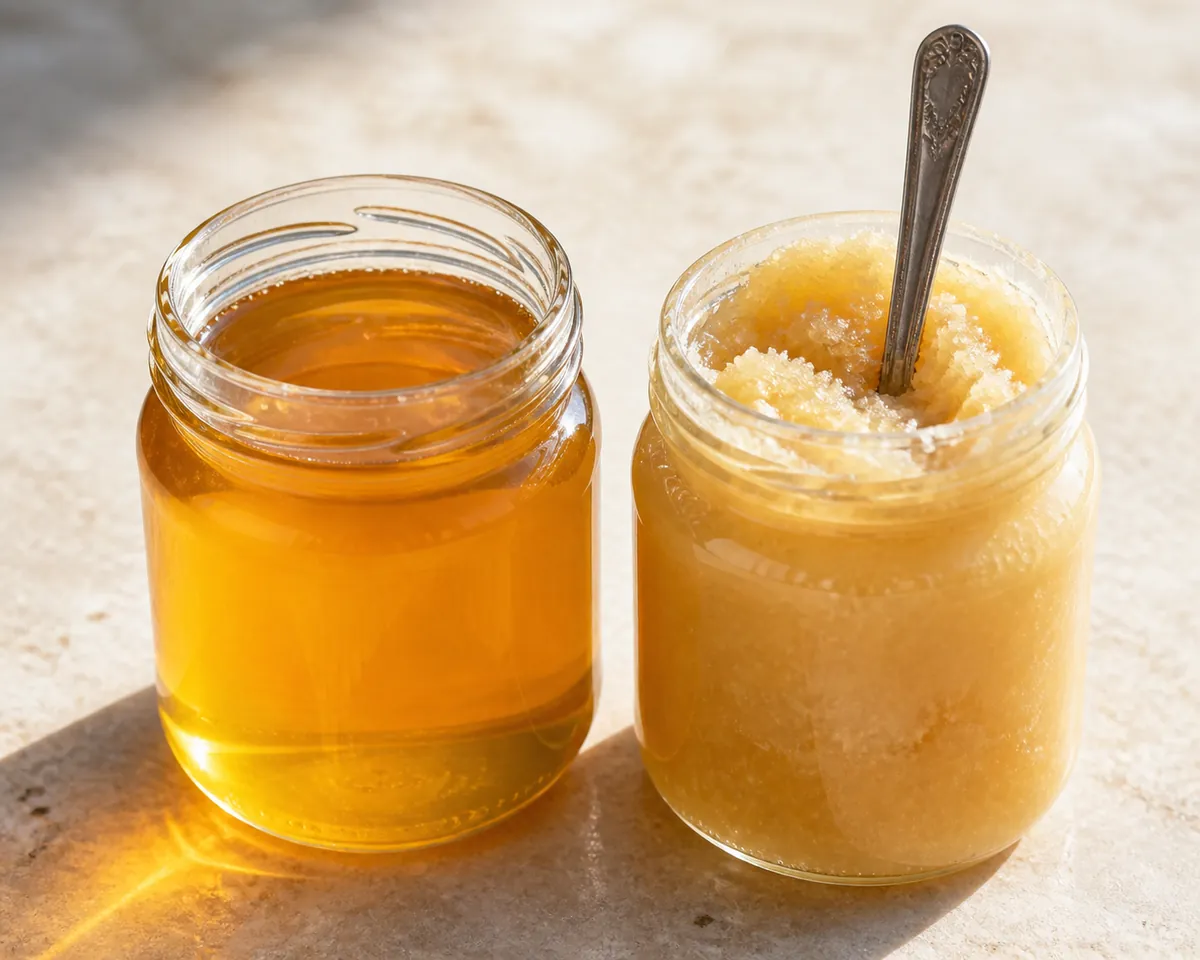 Two open jars of honey backlit side by side, the left clear and runny, the right fully set, opaque and granular with a spoon standing in it
