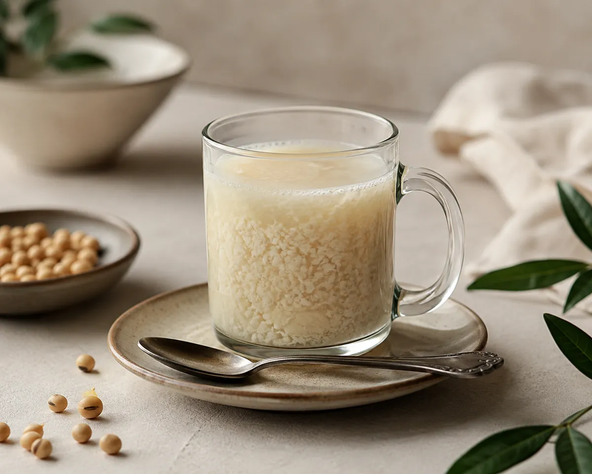 A glass mug of hot pale soy drink gone grainy, with fine curds separating against the sides