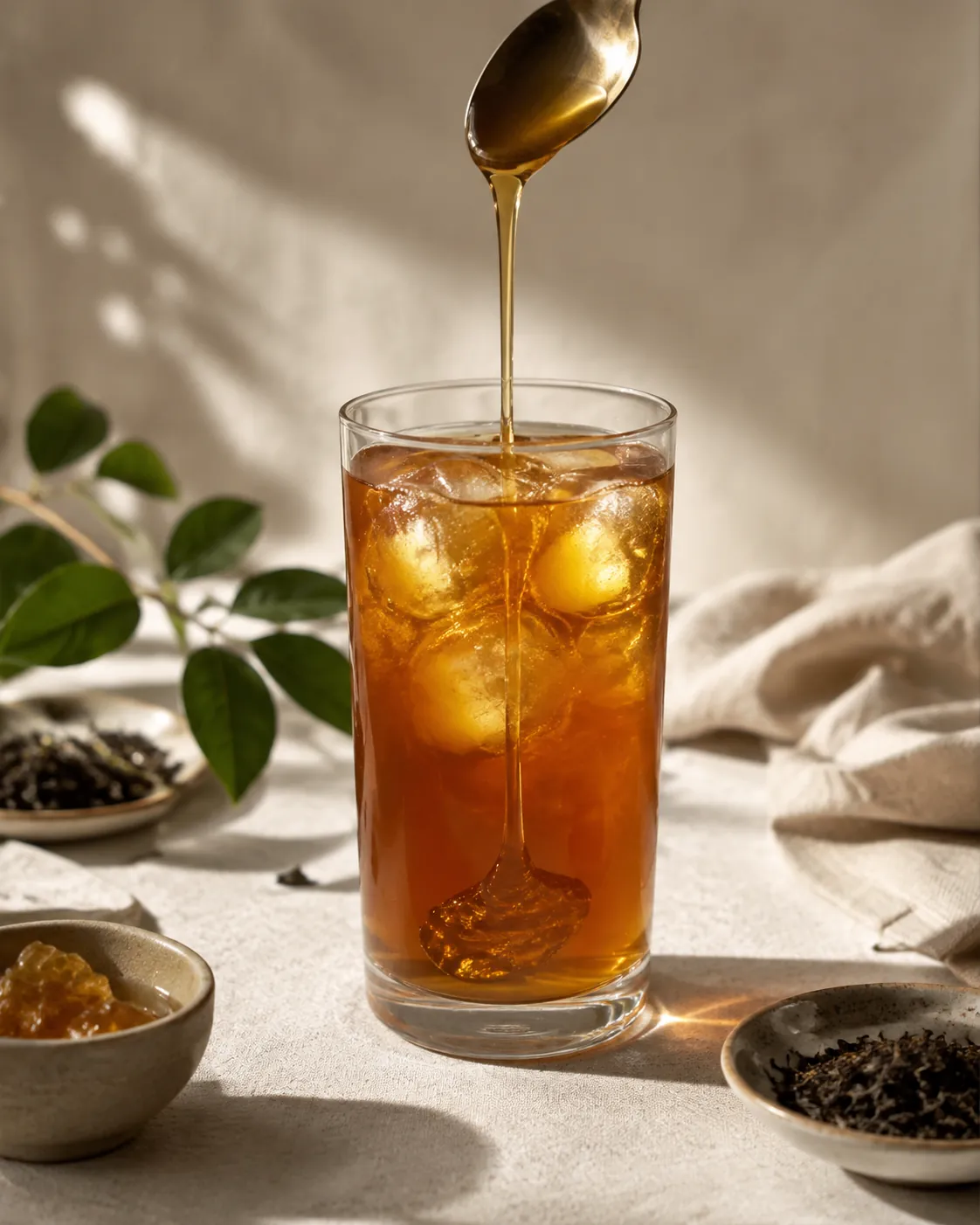 A spoonful of honey sinking through a glass of iced tea in an unbroken ribbon