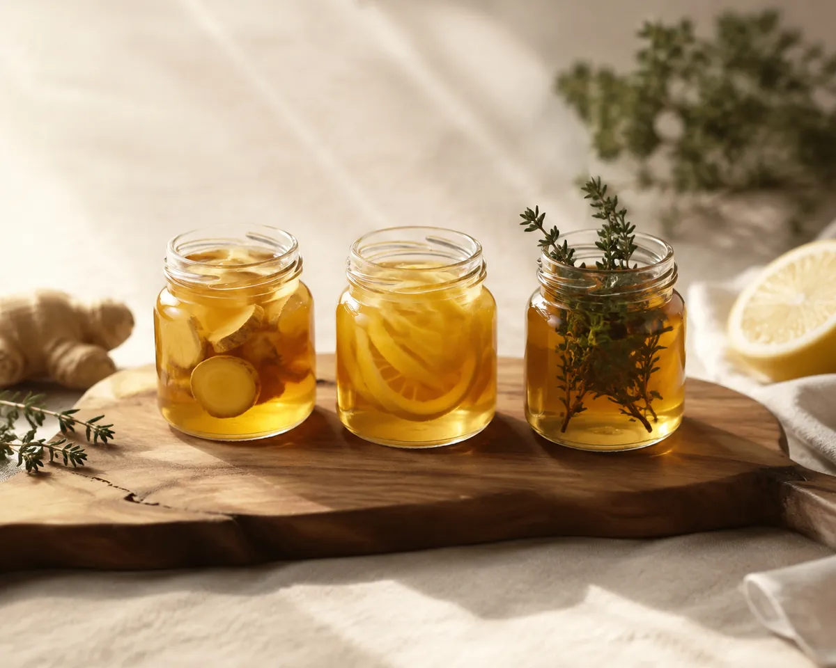 Three open jars of honey holding sliced fresh ginger, strips of lemon peel and a sprig of thyme