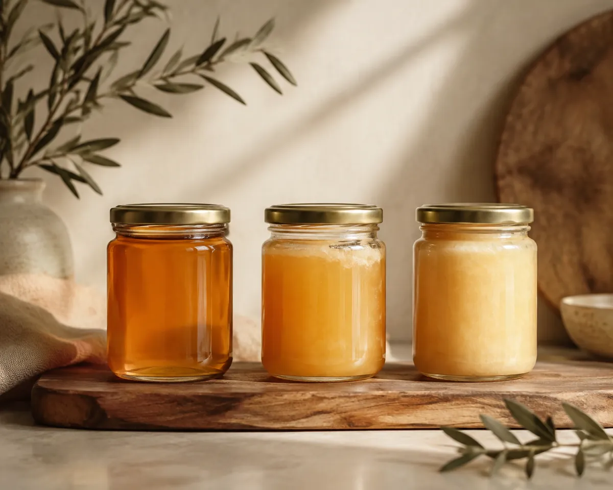 Three jars of honey on a shelf, one clear, one part set and one fully crystallised