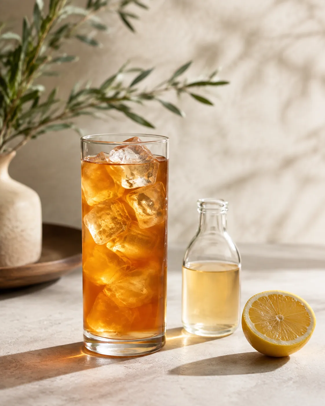 A tall glass of iced tea beside a small bottle of thin pale honey syrup and a cut lemon half