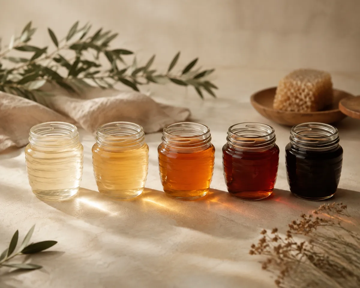 Five small jars of honey backlit in a row, running from almost colourless through pale gold and amber to near black