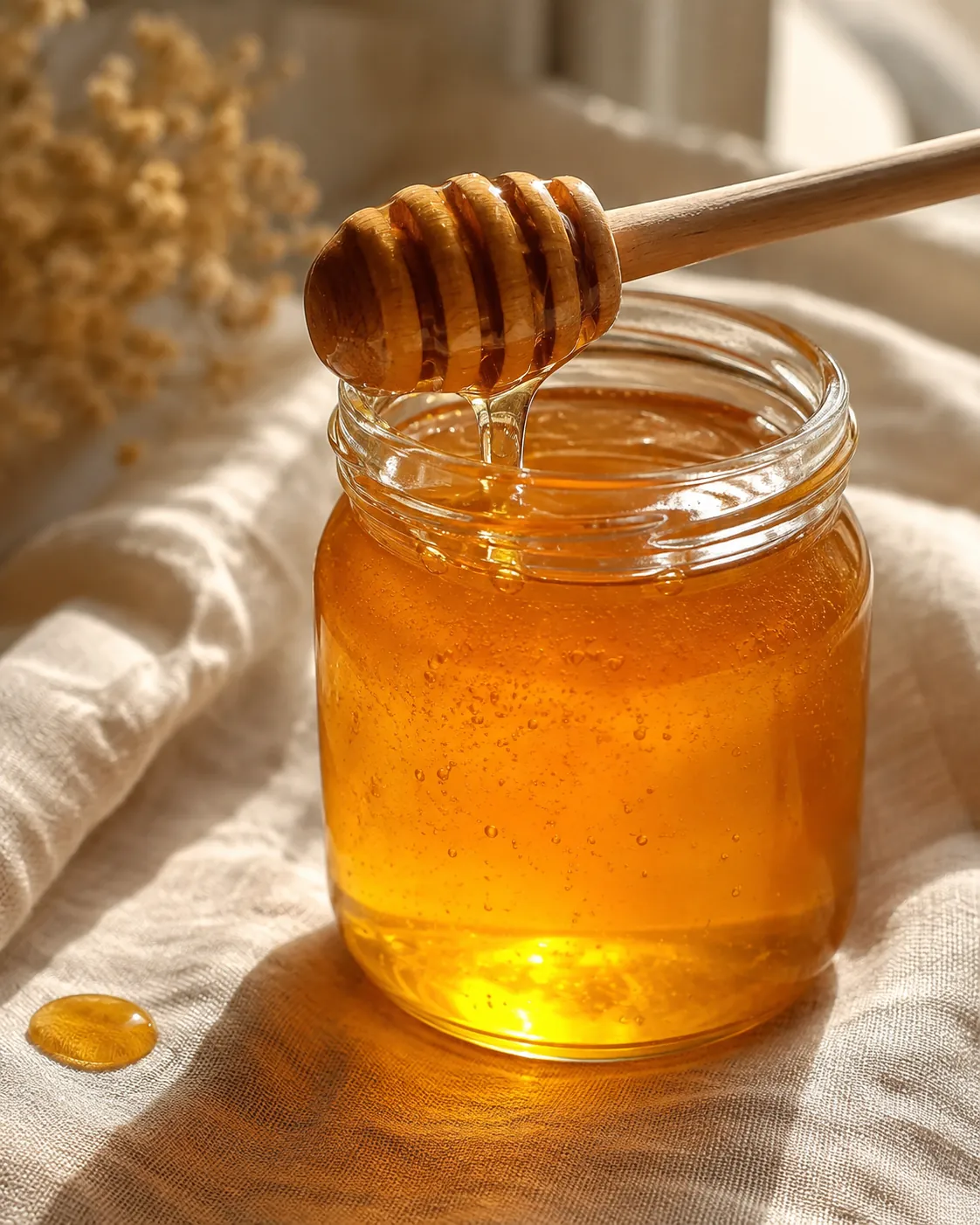 A jar of runny golden honey beside a set jar of crystallised honey