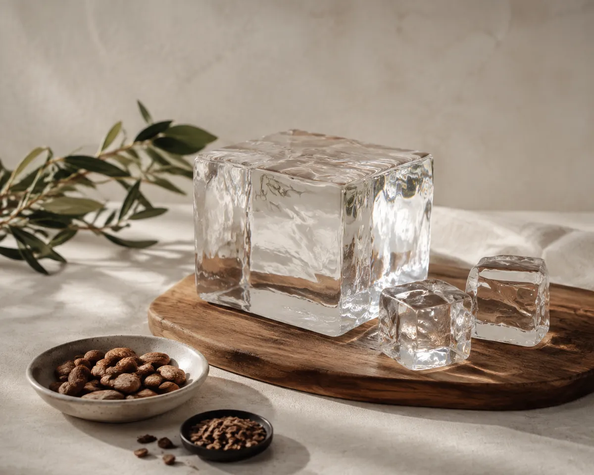A large clear block of ice on a wooden board beside two cut cubes, completely transparent with no cloudy core