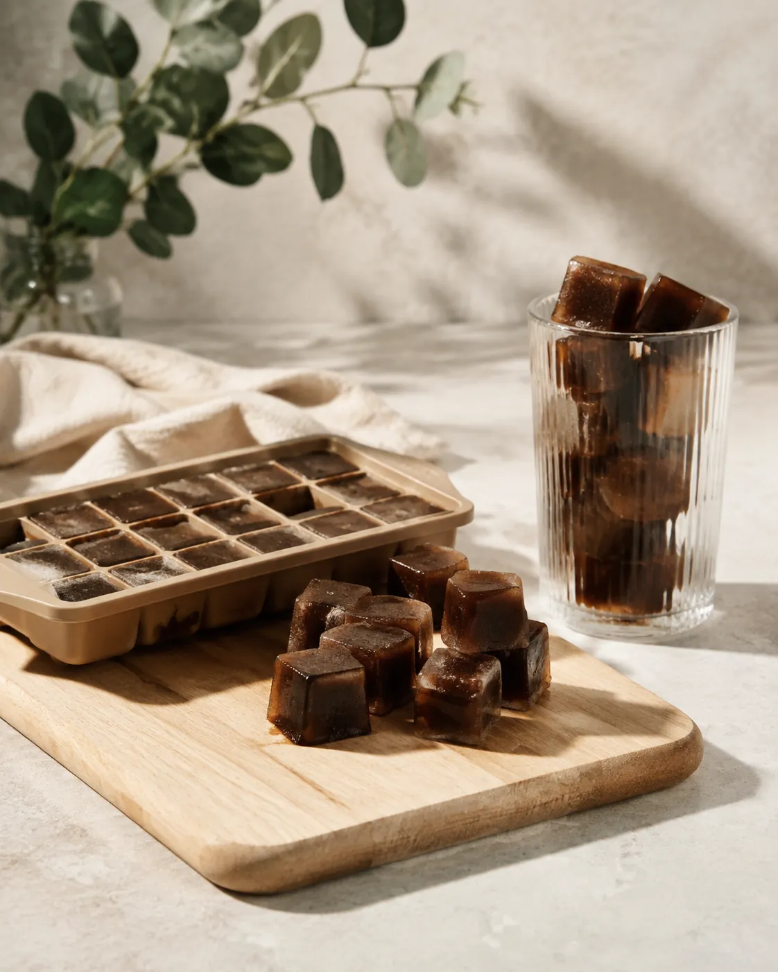 A tray of frozen dark coffee cubes turned out onto a wooden board beside a glass holding the same cubes