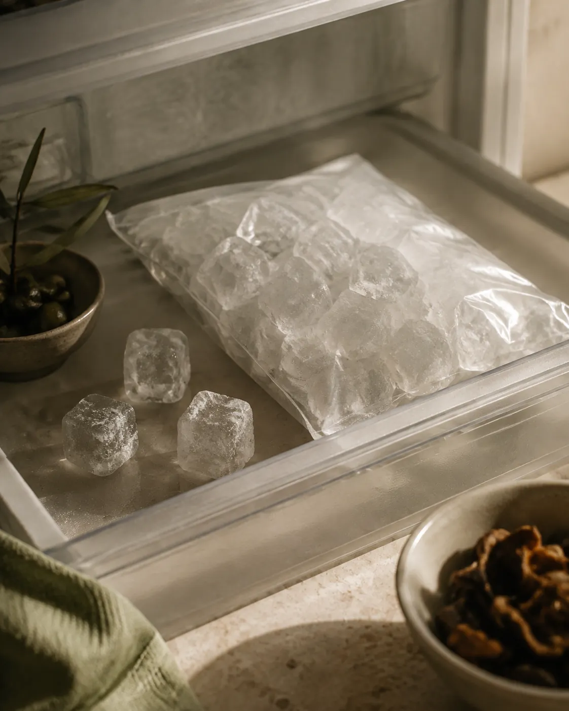 A sealed bag of ice cubes in a freezer beside loose cubes gone pitted and frosted