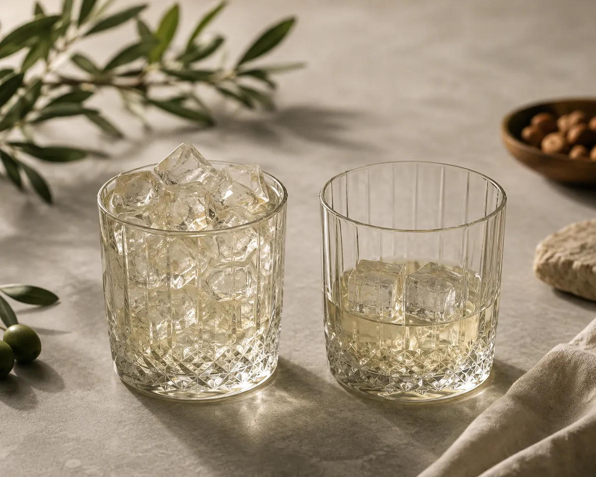 Two identical tumblers side by side, the left packed to the rim with ice cubes and the right holding only two cubes in a shallow pool of drink