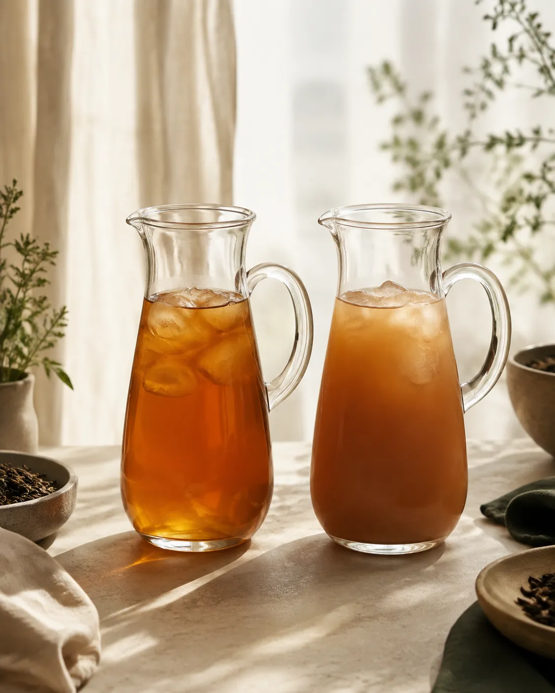 Two glass jugs of iced tea side by side, the left clear amber and the right cloudy and dull