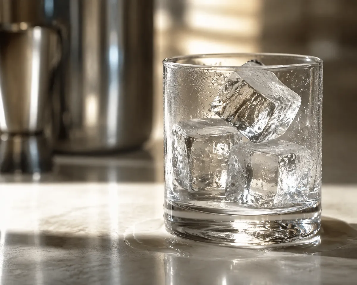 Large clear ice cubes in a glass beside a tray of cloudy cubes