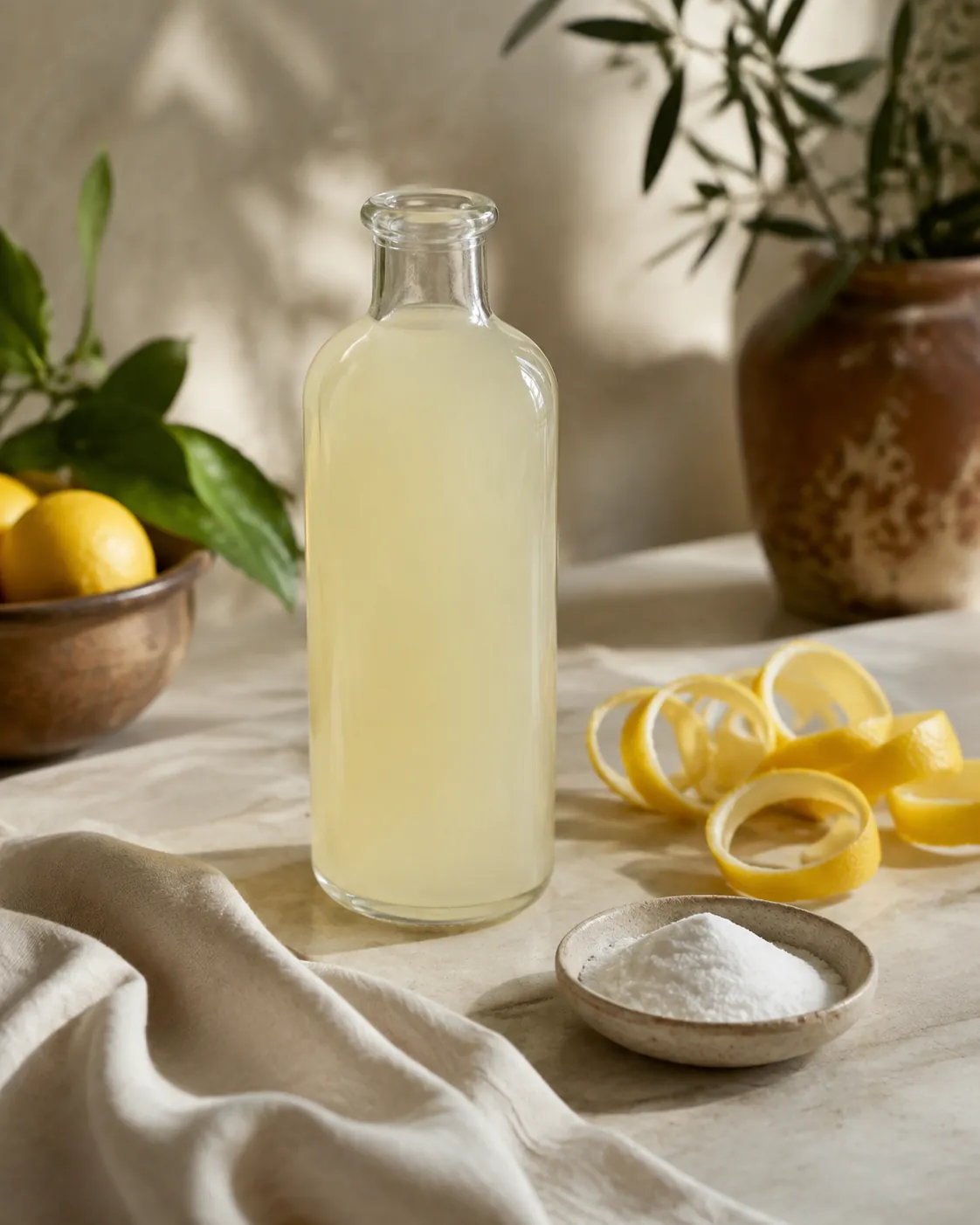 A bottle of pale cloudy lemon base beside strips of lemon peel and a small dish of white acid powder