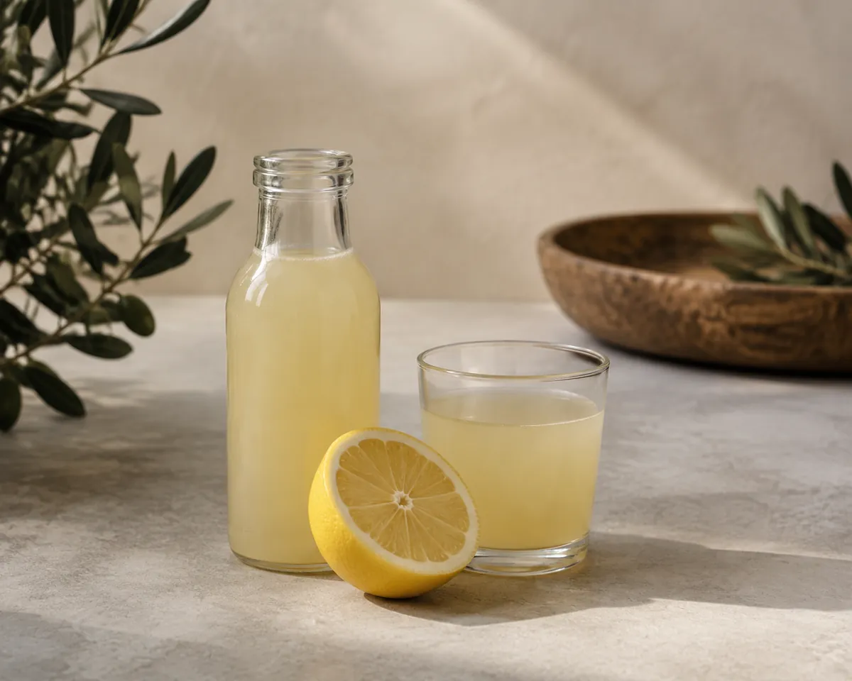 A small plain unlabelled bottle of pale juice standing beside a freshly cut lemon half and a glass of just-squeezed juice