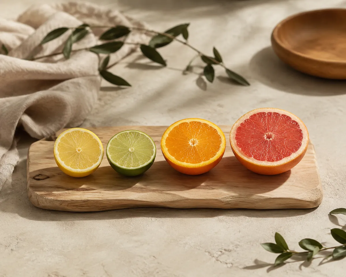 Four citrus fruits cut in half and laid in a row, a lemon, a lime, an orange and a grapefruit