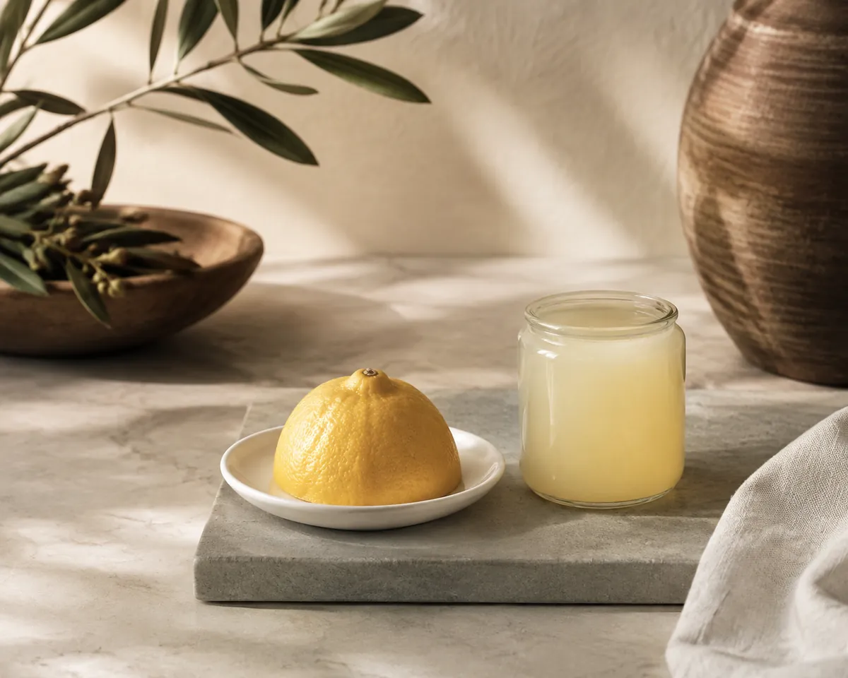 A cut lemon half resting face down on a small saucer beside a small jar of juice filled to the brim