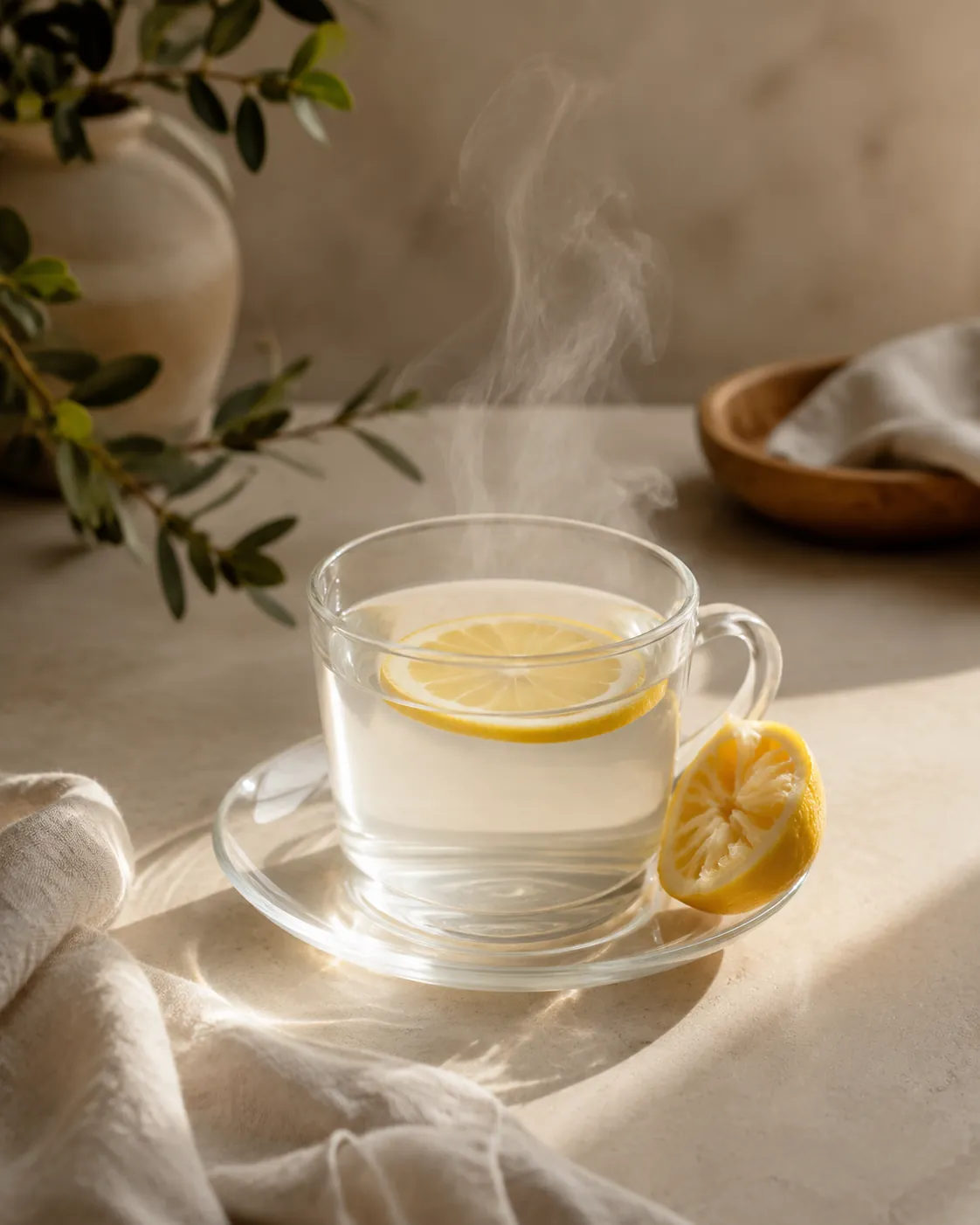A glass mug of hot water with a lemon slice floating in it, steam rising, a squeezed half lemon on the saucer beside it