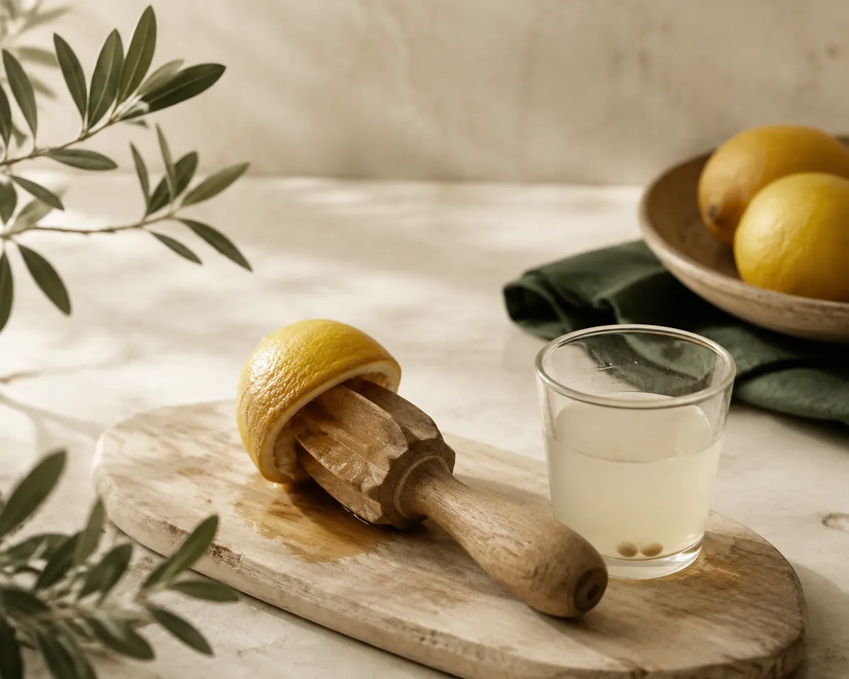 A halved lemon resting on a wooden reamer beside a small glass holding cloudy juice and a few pips