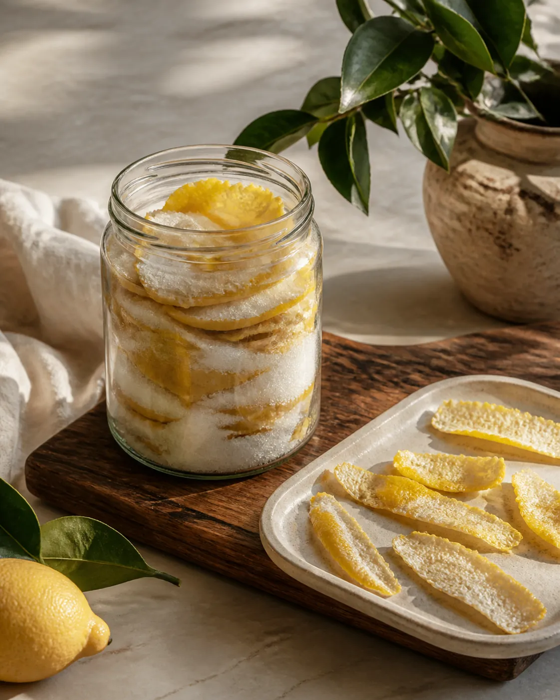 Strips of lemon peel in a jar of sugar beside a tray of peel drying