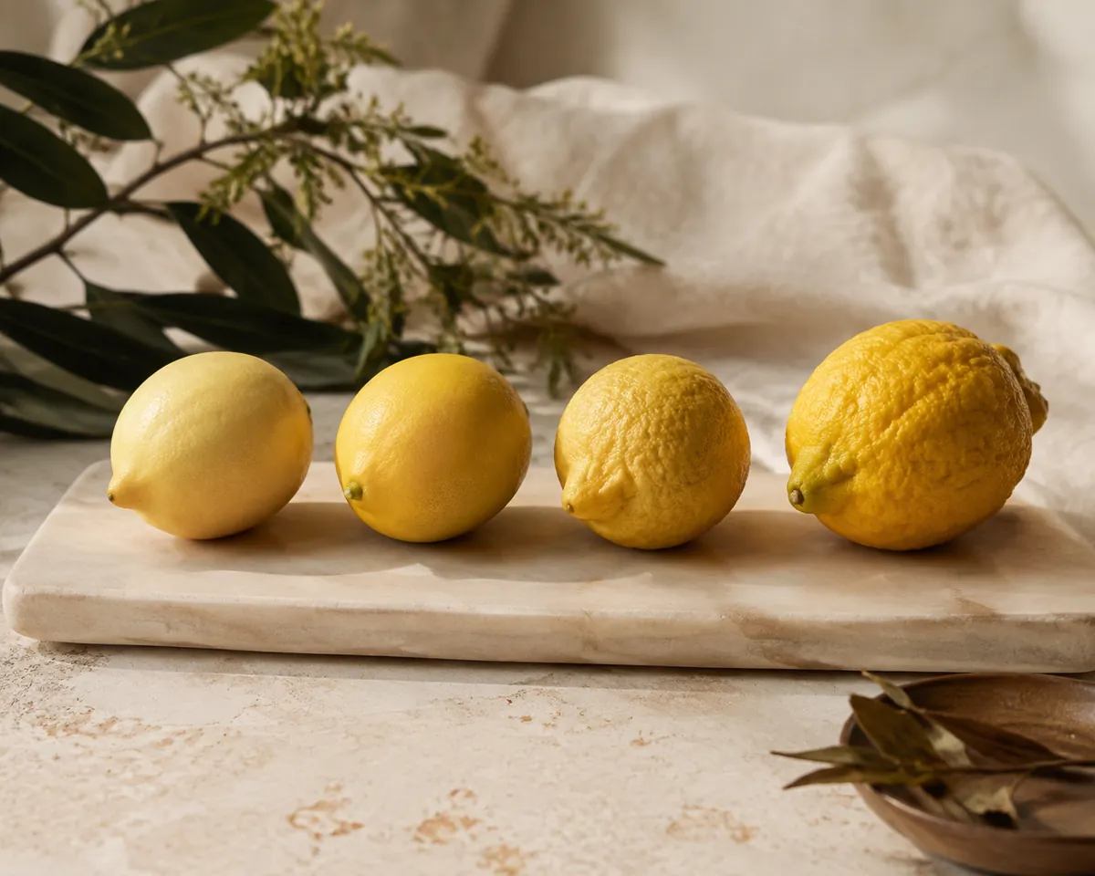 Four lemons in a row differing in size, skin texture and colour from pale to deep yellow