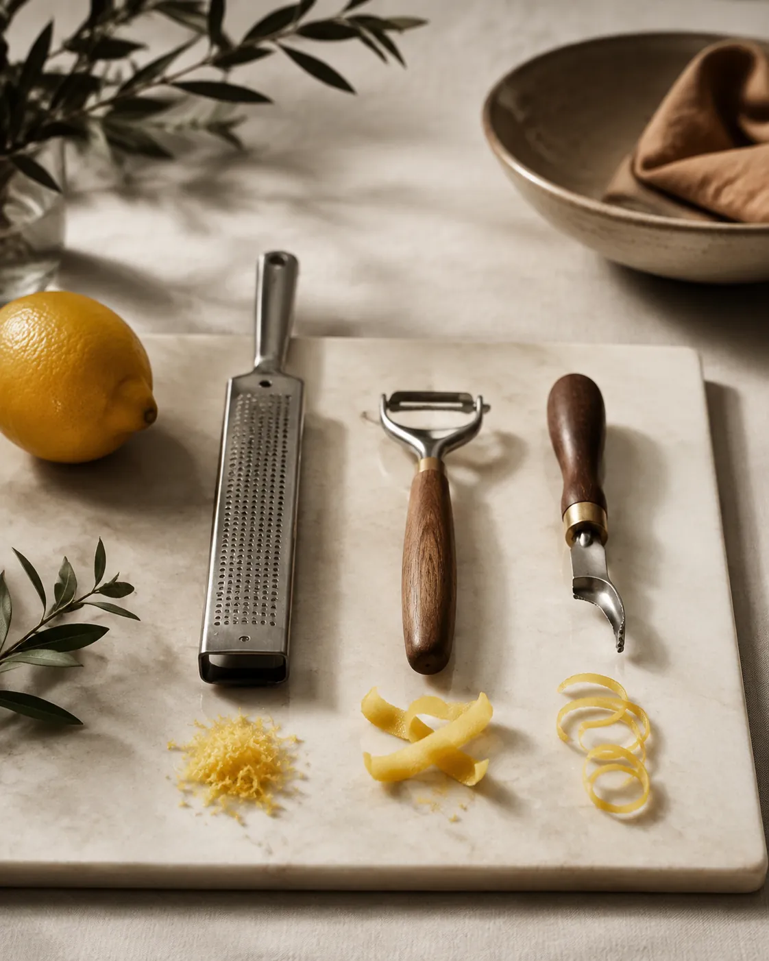 A microplane, a vegetable peeler and a channel knife laid beside a lemon with a curl of zest from each
