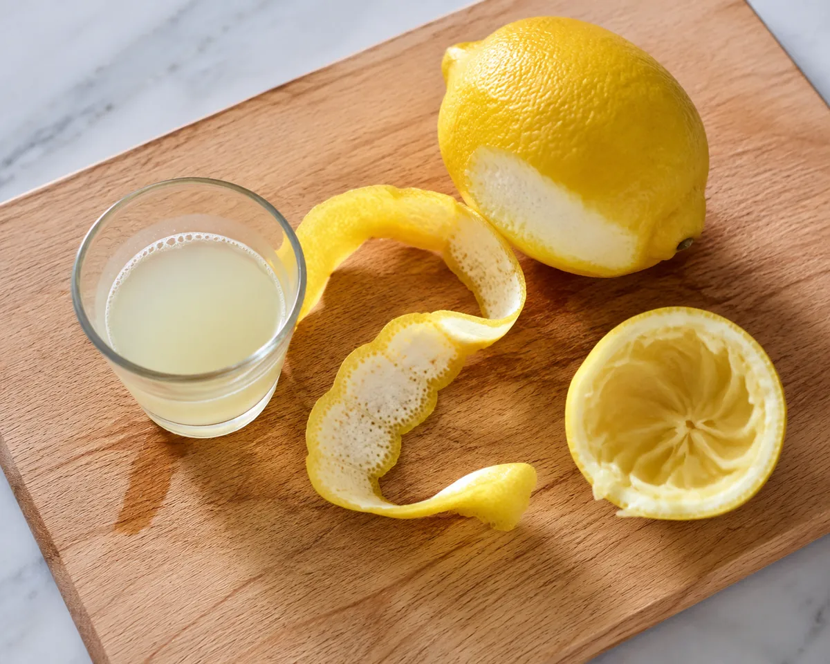 A lemon with a strip of zest pared off, halved, beside a small glass of juice