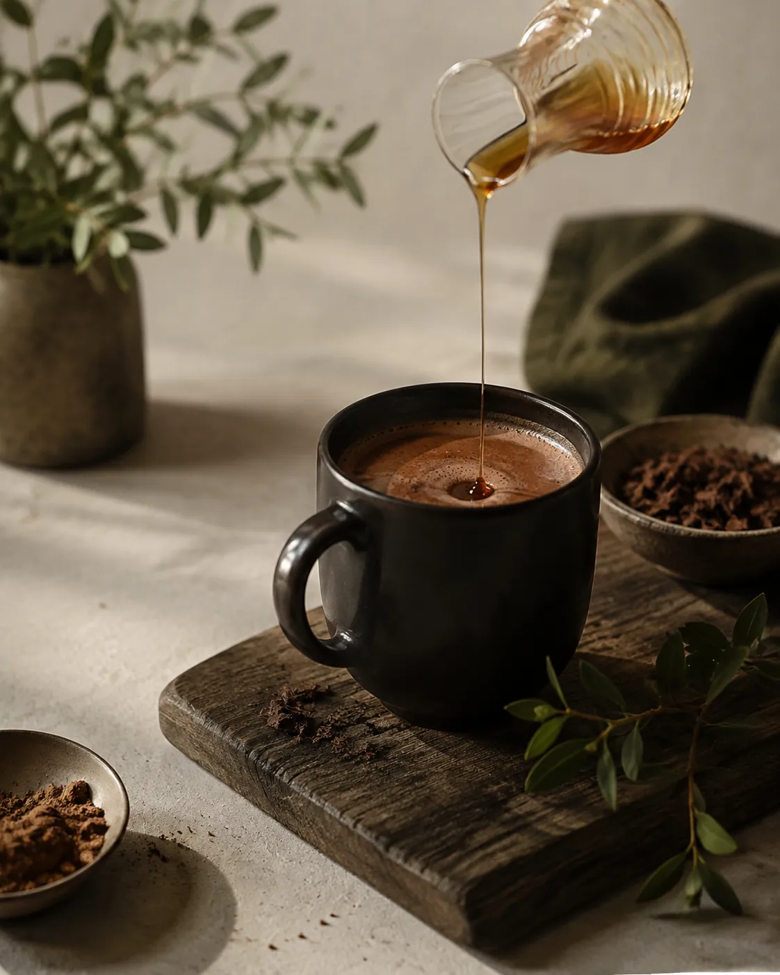 A dark mug of cocoa with a thin thread of amber syrup being poured into it from a small jug
