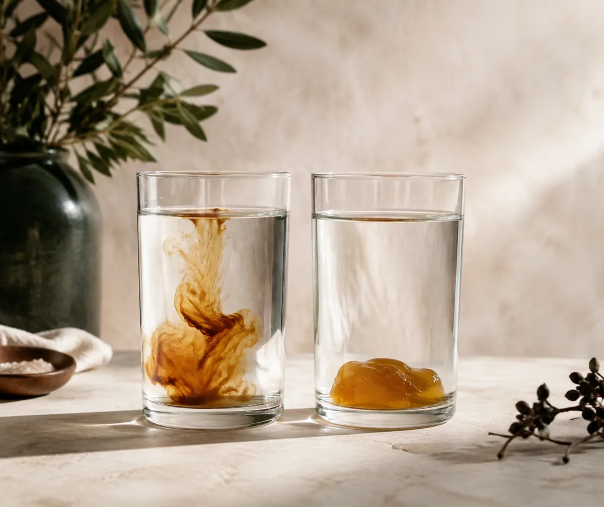 Two identical glasses of cold water side by side, one with a thin ribbon of maple syrup dispersing through it and the other with a blob of honey resting on the bottom