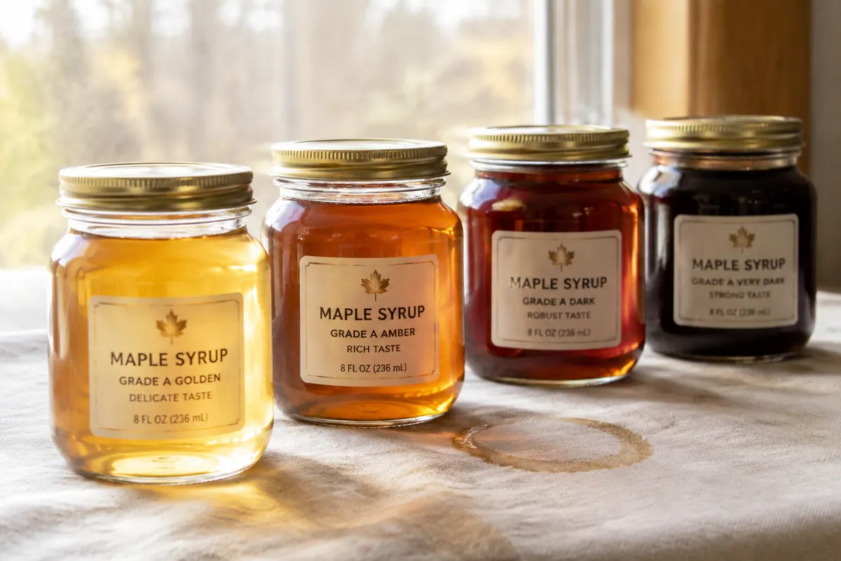 Four glass jars of maple syrup backlit in a row, the colour grading from pale gold through amber to very dark brown