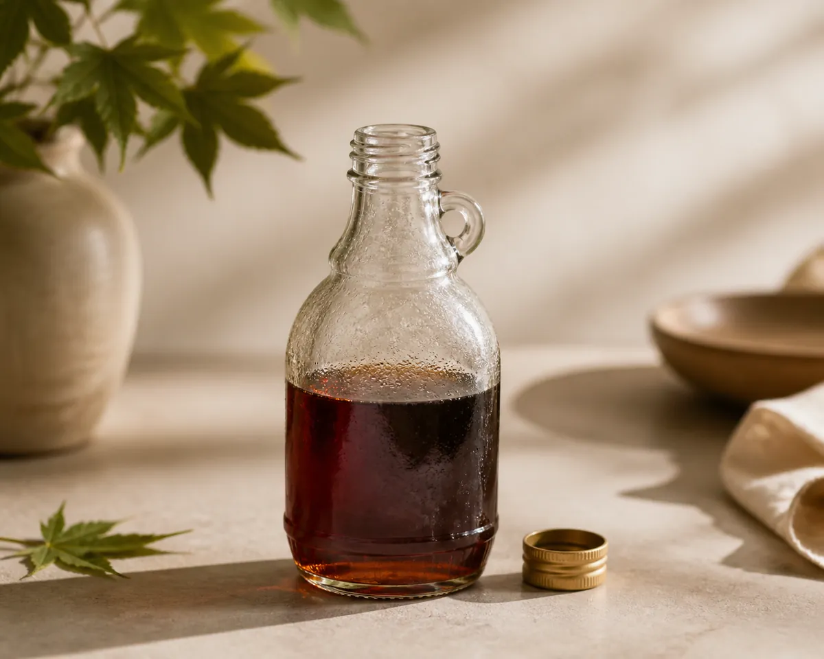 An opened glass bottle of maple syrup standing on a cold refrigerator shelf