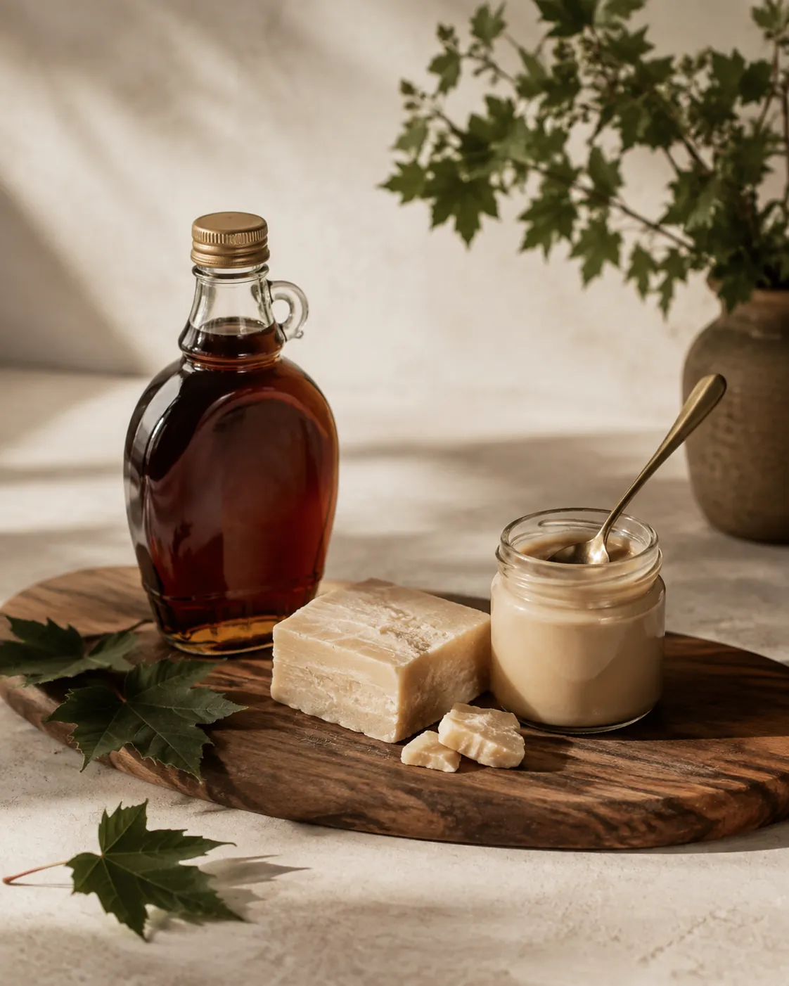 A bottle of maple syrup beside a block of maple sugar and a small jar of maple cream