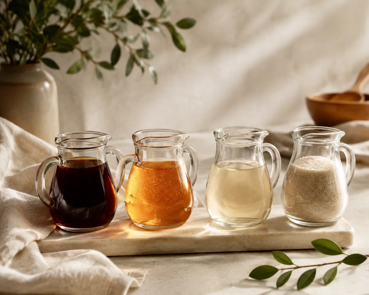 Four small jugs in a row holding maple syrup, honey, simple syrup and granulated sugar