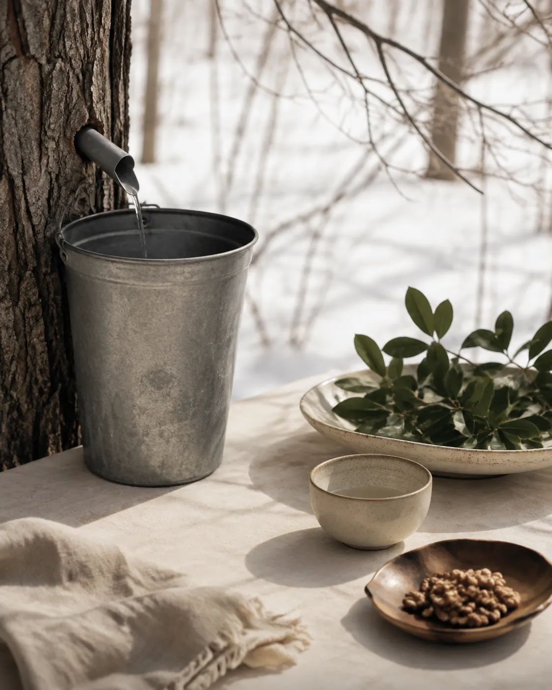 A metal spout tapped into a maple trunk with a bucket hanging beneath it in snow